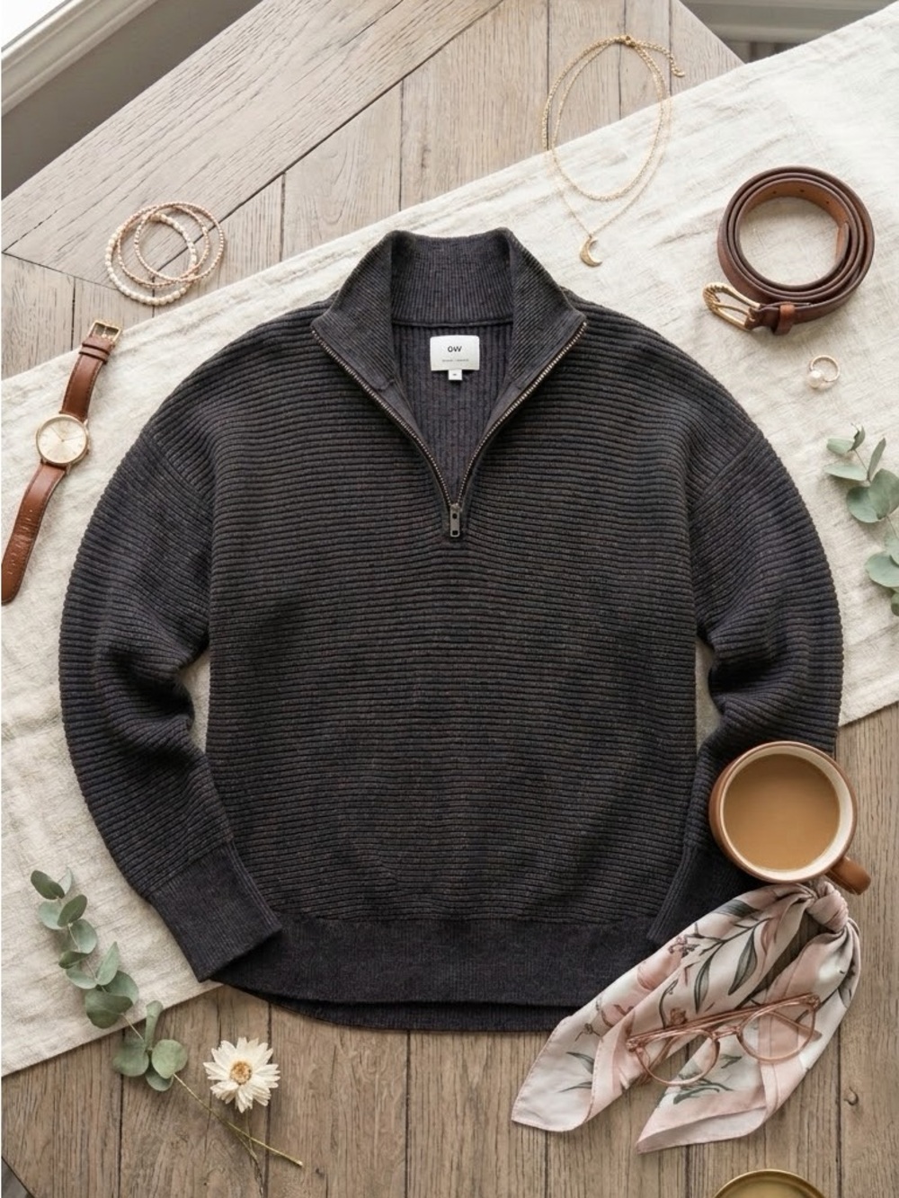 aerie Charcoal Ribbed Half‑Zip Sweater